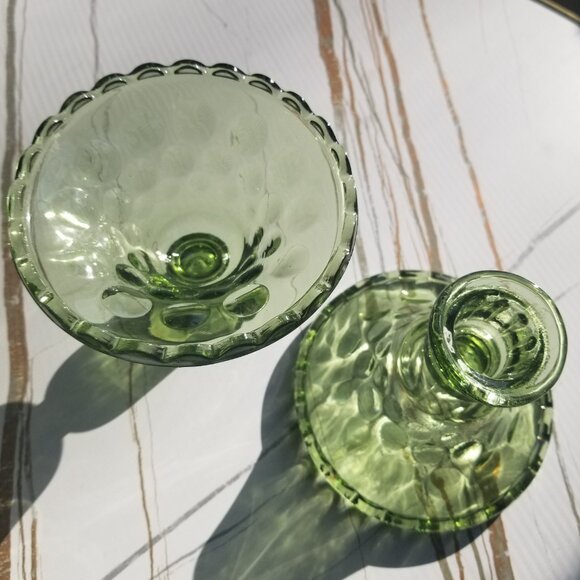 Vintage Green Glass Candle Stick Holders Set of 2 - Picture 3 of 6